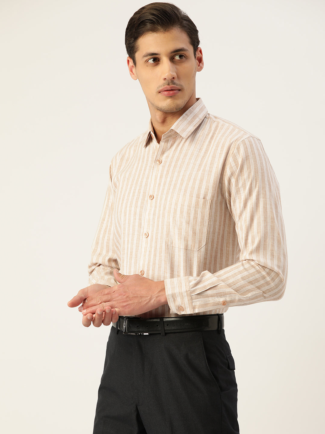 Jainish Men's Cotton Striped Formal Shirts ( SF 795Beige ) | Grocsy