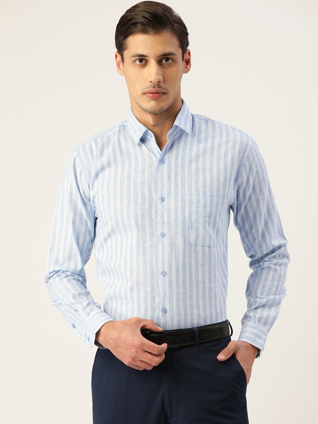 Jainish Men's Cotton Striped Formal Shirts ( SF 795Light-Blue ) | Grocsy