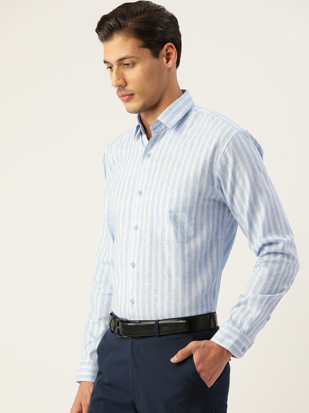 Jainish Men's Cotton Striped Formal Shirts ( SF 795Light-Blue ) | Grocsy