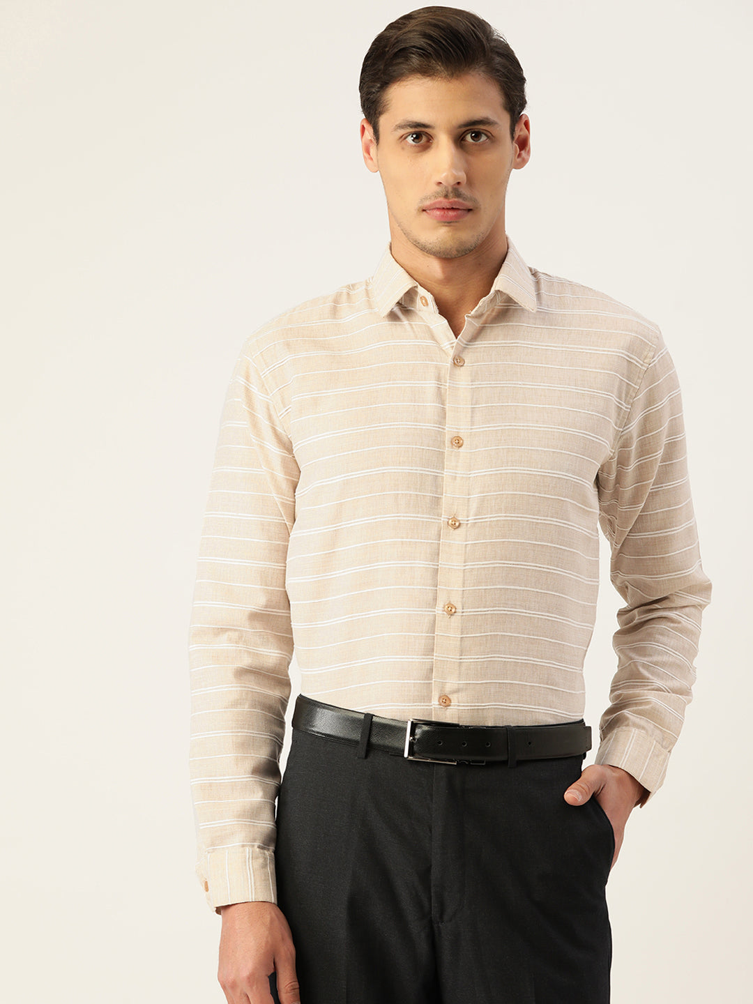 Jainish Men's Cotton Striped Formal Shirts ( SF 799Cream ) | Grocsy