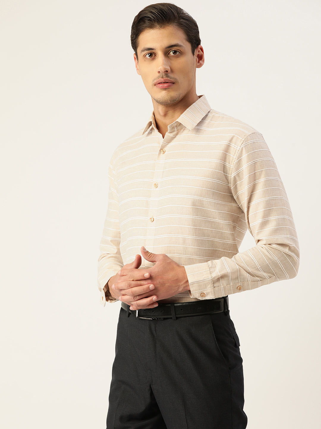 Jainish Men's Cotton Striped Formal Shirts ( SF 799Cream ) | Grocsy