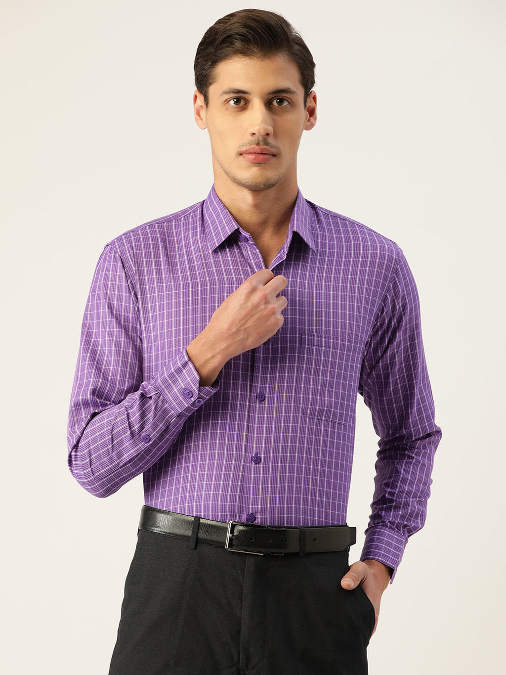 Jainish Men's Cotton Checked Formal Shirts ( SF 800Voilet ) | Grocsy