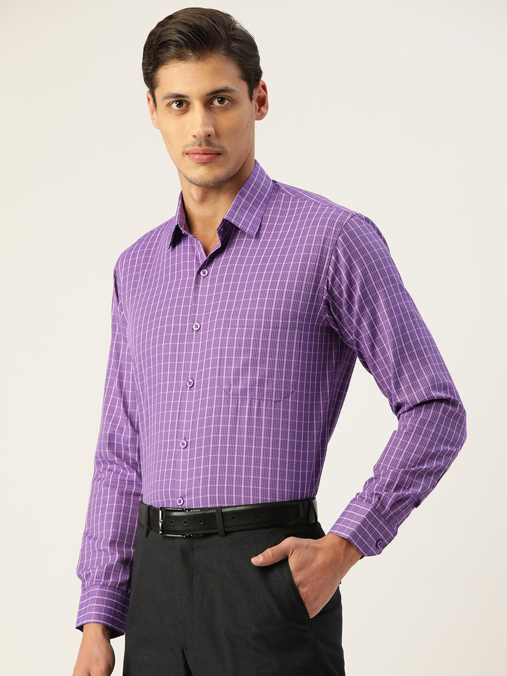 Jainish Men's Cotton Checked Formal Shirts ( SF 800Voilet ) | Grocsy