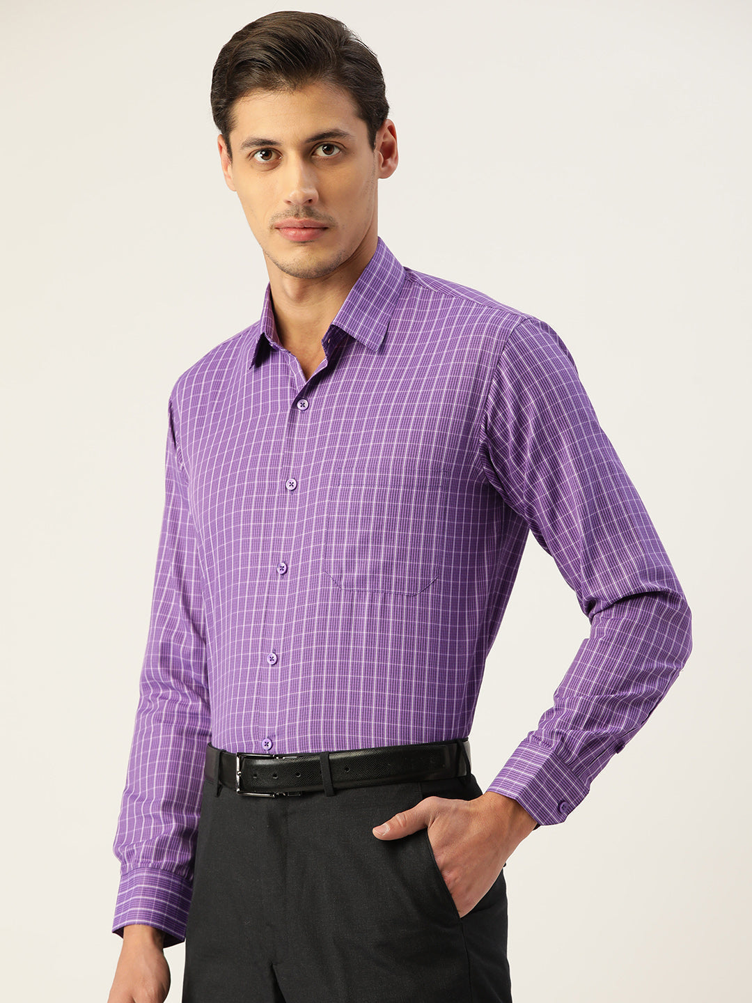 Jainish Men's Cotton Checked Formal Shirts ( SF 800Voilet ) | Grocsy