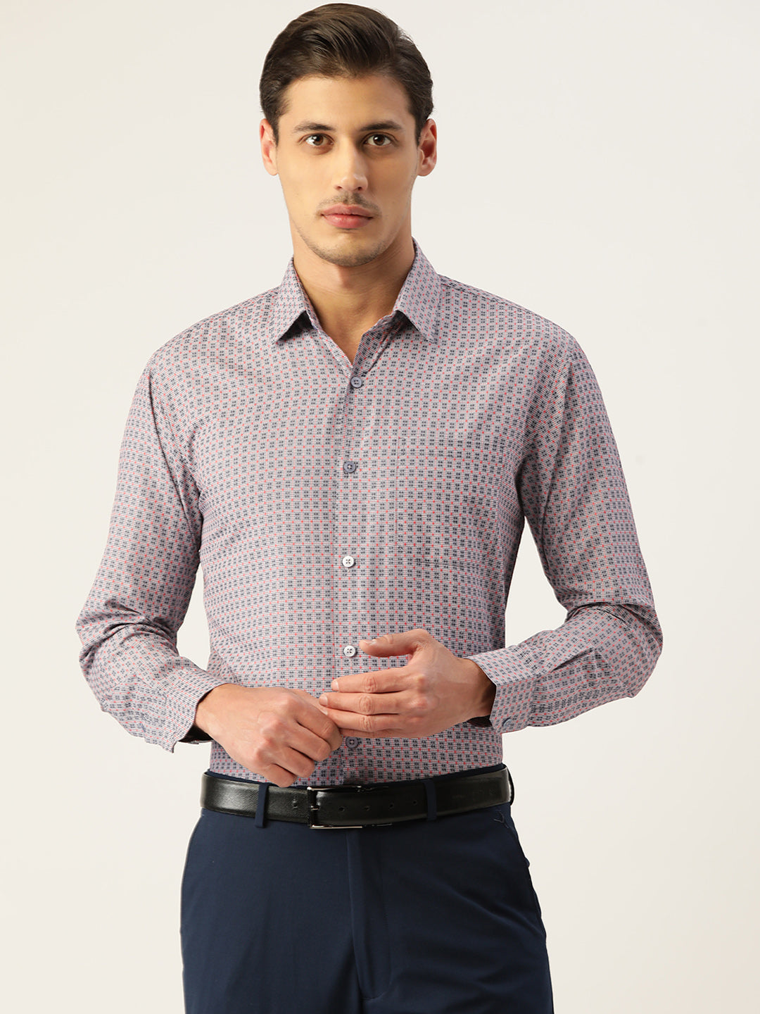 Jainish Men's Cotton Micro Checked Formal Shirts - Grey | Grocsy
