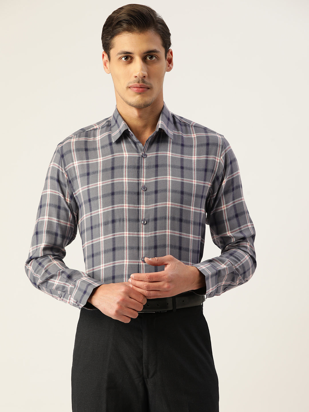 Jainish Men's Cotton Checked Formal Shirts ( SF 803Grey ) | Grocsy
