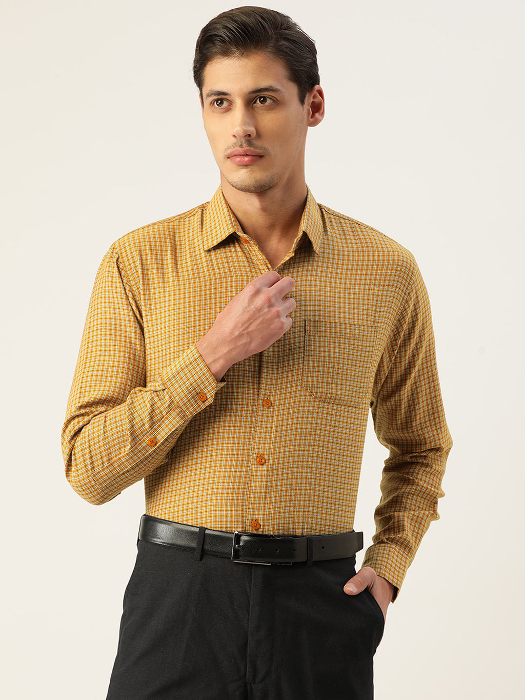 Jainish Men's Cotton Checked Formal Shirts ( SF 804Mustard ) | Grocsy