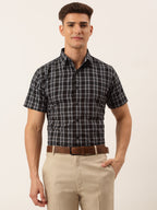 Jainish Men's Cotton Checked Half Sleeve Formal Shirts ( SF 808Black ) | Grocsy