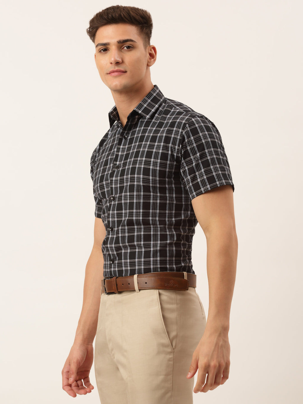 Jainish Men's Cotton Checked Half Sleeve Formal Shirts ( SF 808Black ) | Grocsy