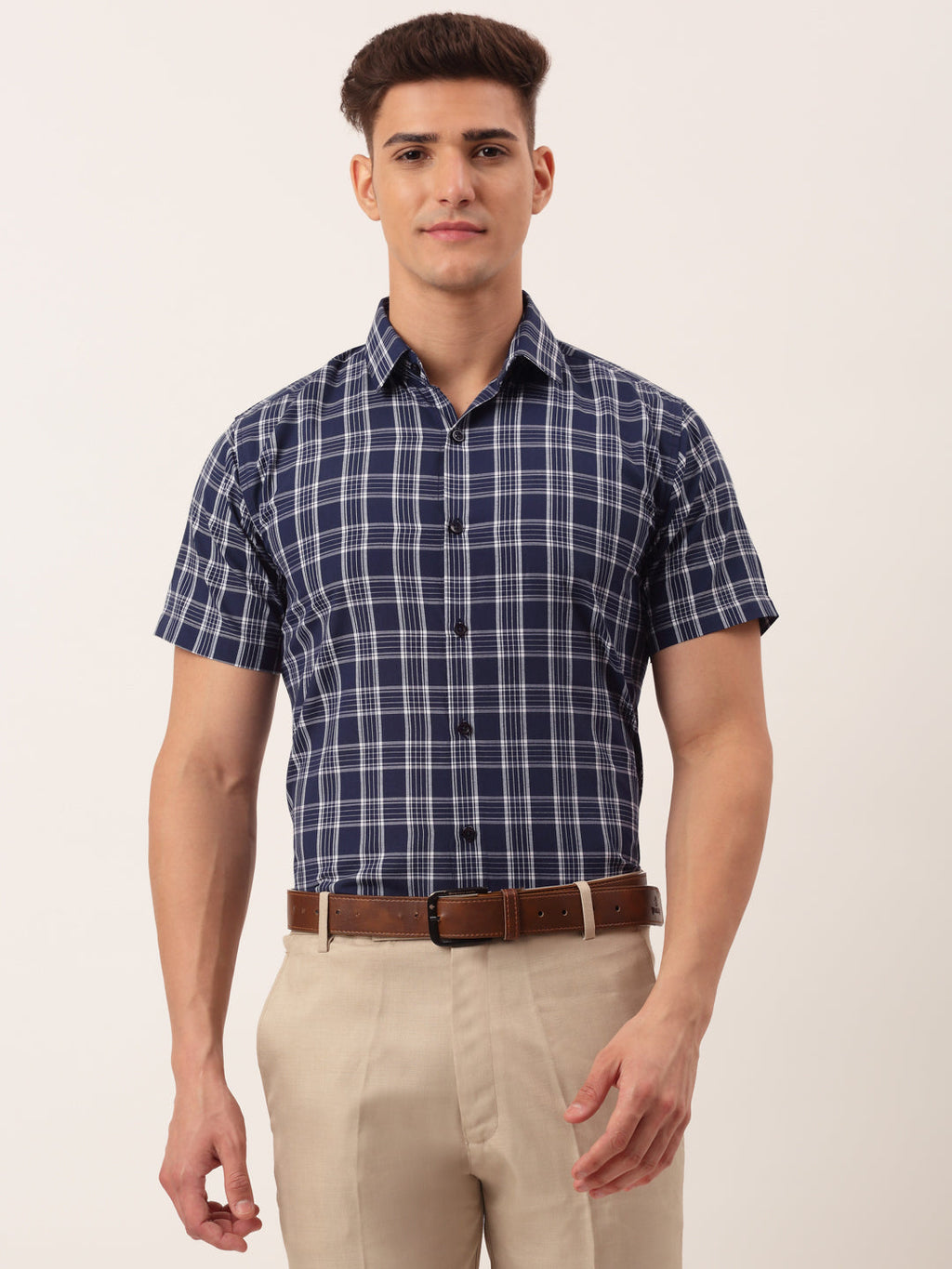Jainish Men's Cotton Checked Half Sleeve Formal Shirts ( SF 808Blue ) | Grocsy
