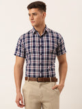 Jainish Men's Cotton Checked Half Sleeve Formal Shirts ( SF 808Navy ) | Grocsy