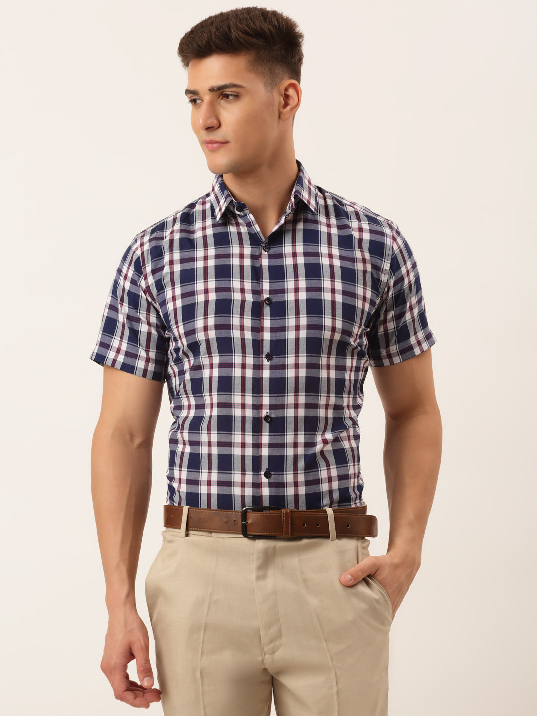 Jainish Men's Cotton Checked Half Sleeve Formal Shirts ( SF 808Navy ) | Grocsy