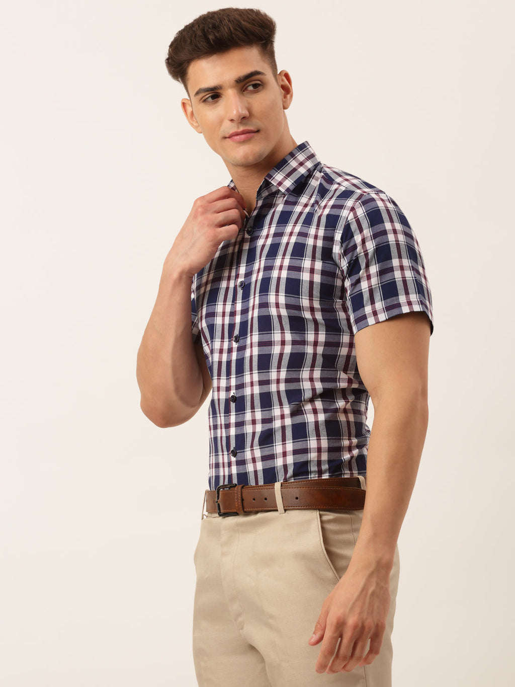 Jainish Men's Cotton Checked Half Sleeve Formal Shirts ( SF 808Navy ) | Grocsy