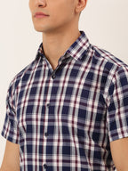 Jainish Men's Cotton Checked Half Sleeve Formal Shirts ( SF 808Navy ) | Grocsy