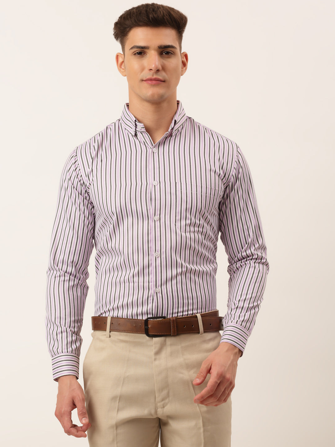 Jainish Men's Cotton Checked Button Down Collar Formal Shirts ( SF 809Light-Purple ) | Grocsy