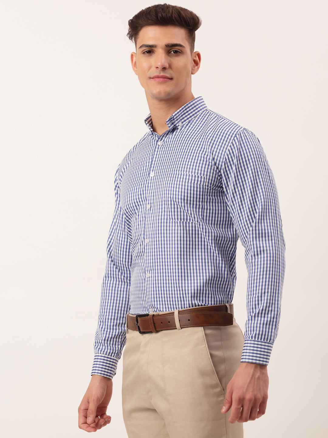 Jainish Men's Cotton Checked Button Down Collar Formal Shirts ( SF 810Blue ) | Grocsy