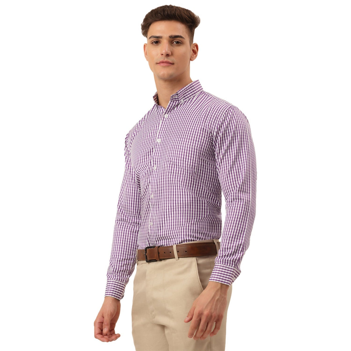 Jainish Men's Cotton Checked Button Down Collar Formal Shirts ( SF 810Purple ) | Grocsy