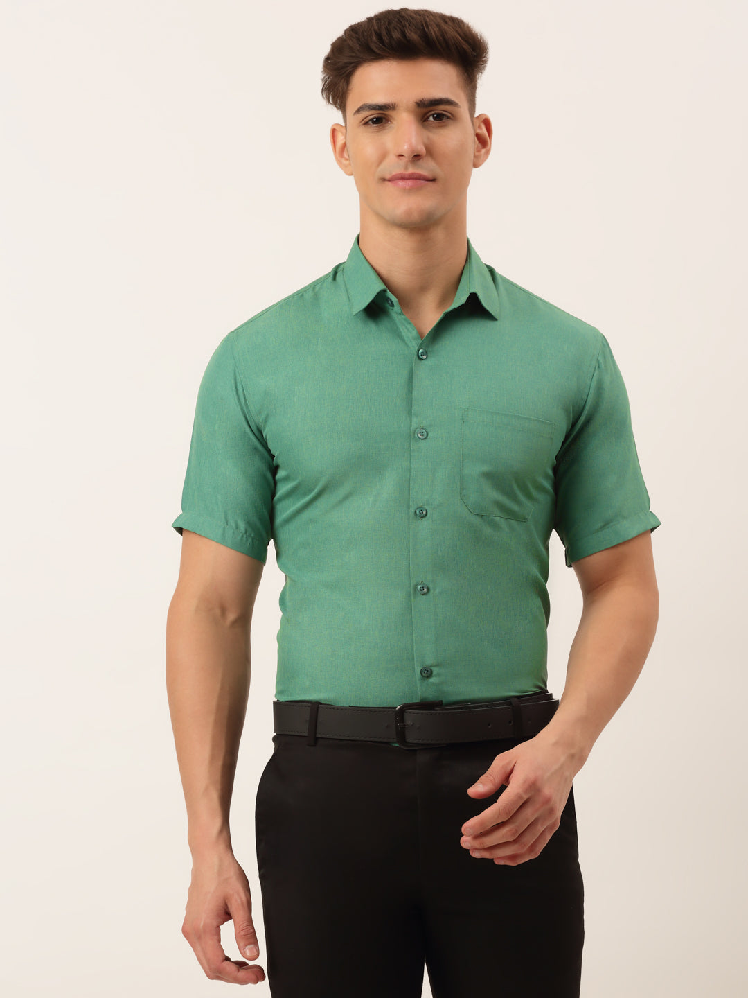 Jainish Men's Cotton Solid Half Sleeve Formal Shirts ( SF 811Green ) | Grocsy