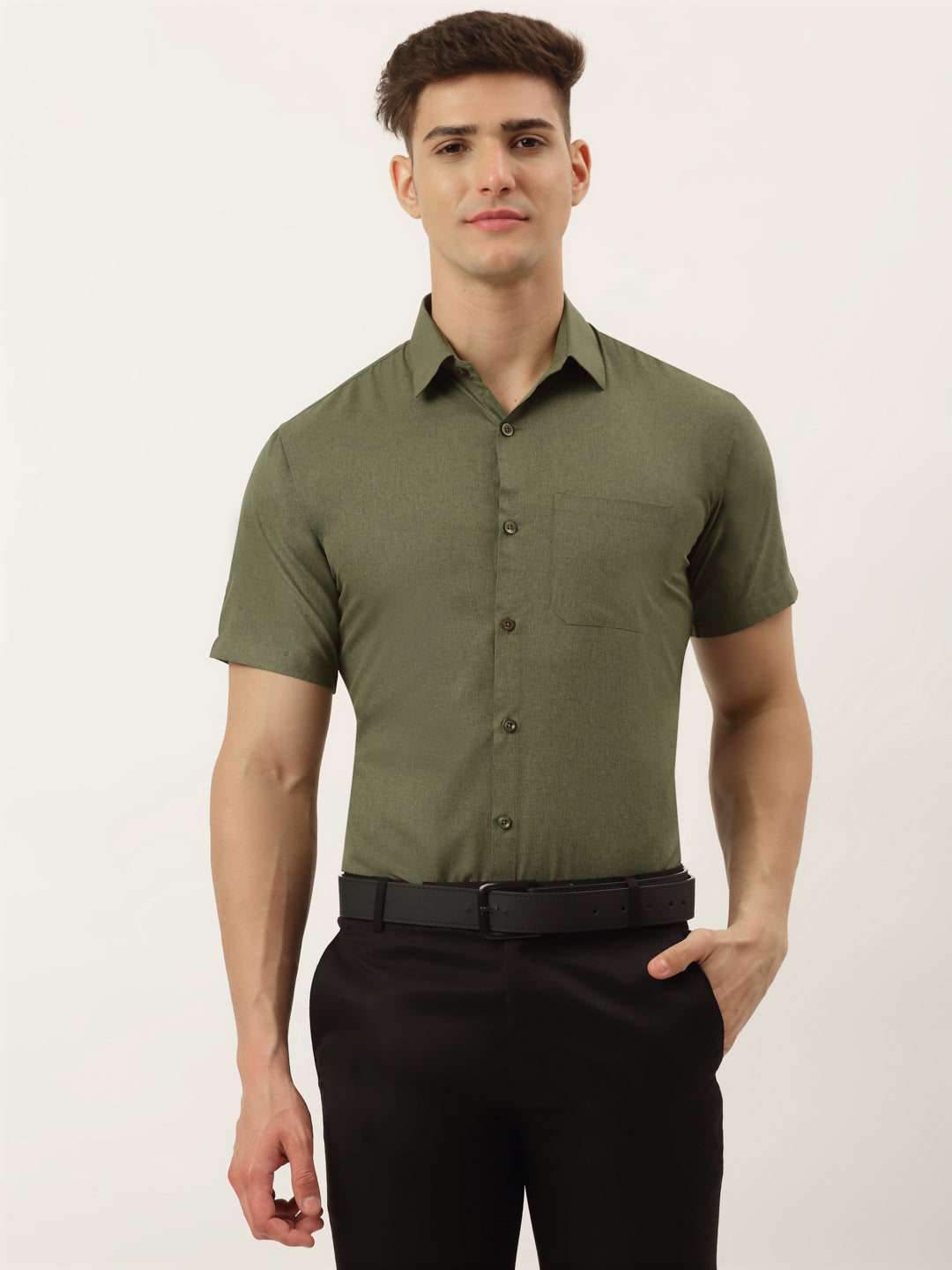 Jainish Men's Cotton Solid Half Sleeve Formal Shirts ( SF 811Olive ) | Grocsy