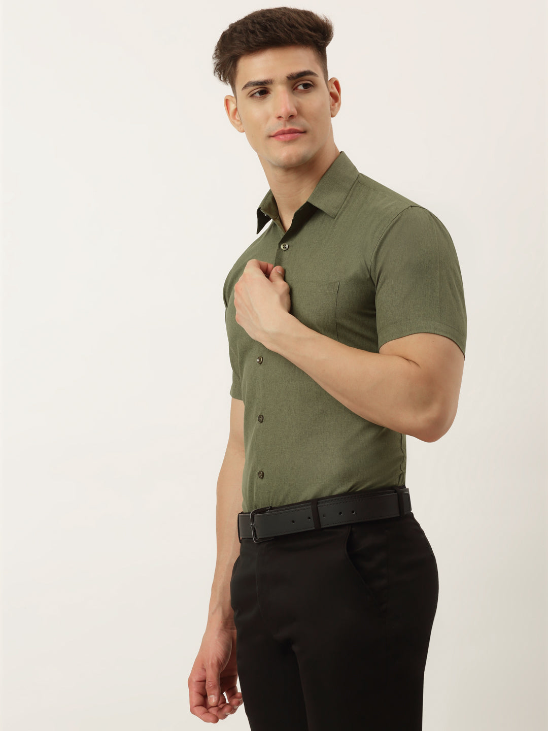 Jainish Men's Cotton Solid Half Sleeve Formal Shirts ( SF 811Olive ) | Grocsy