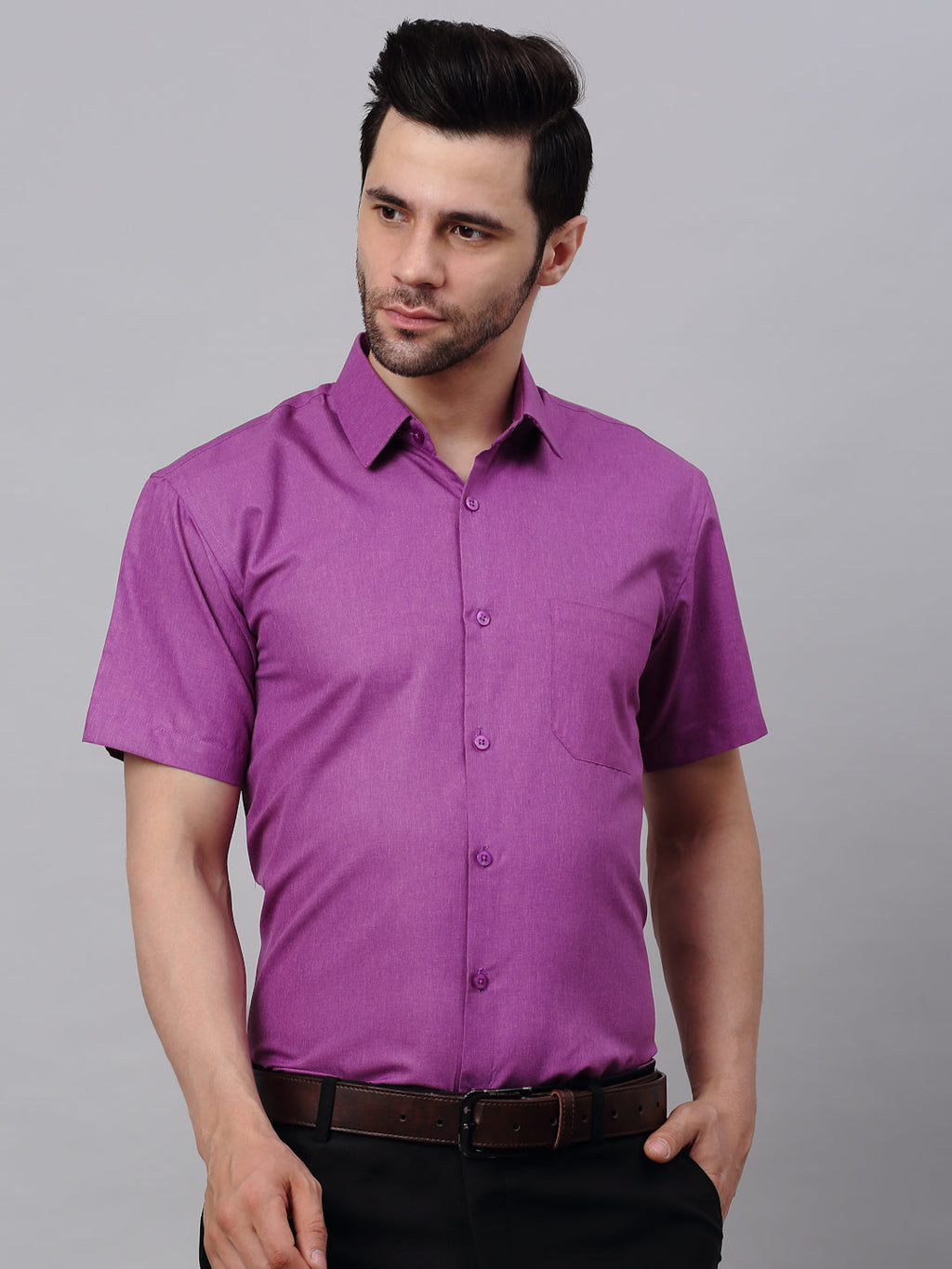Jainish Men's Cotton Solid Half Sleeves Formal Shirt - Purple | Grocsy