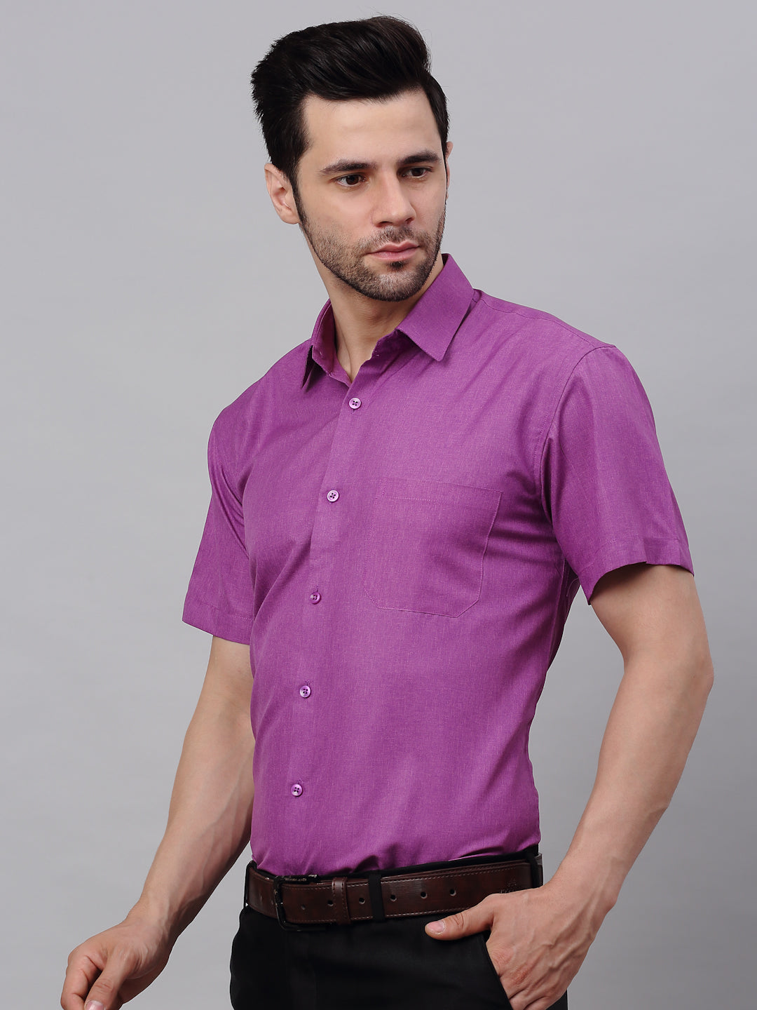 Jainish Men's Cotton Solid Half Sleeves Formal Shirt - Purple | Grocsy