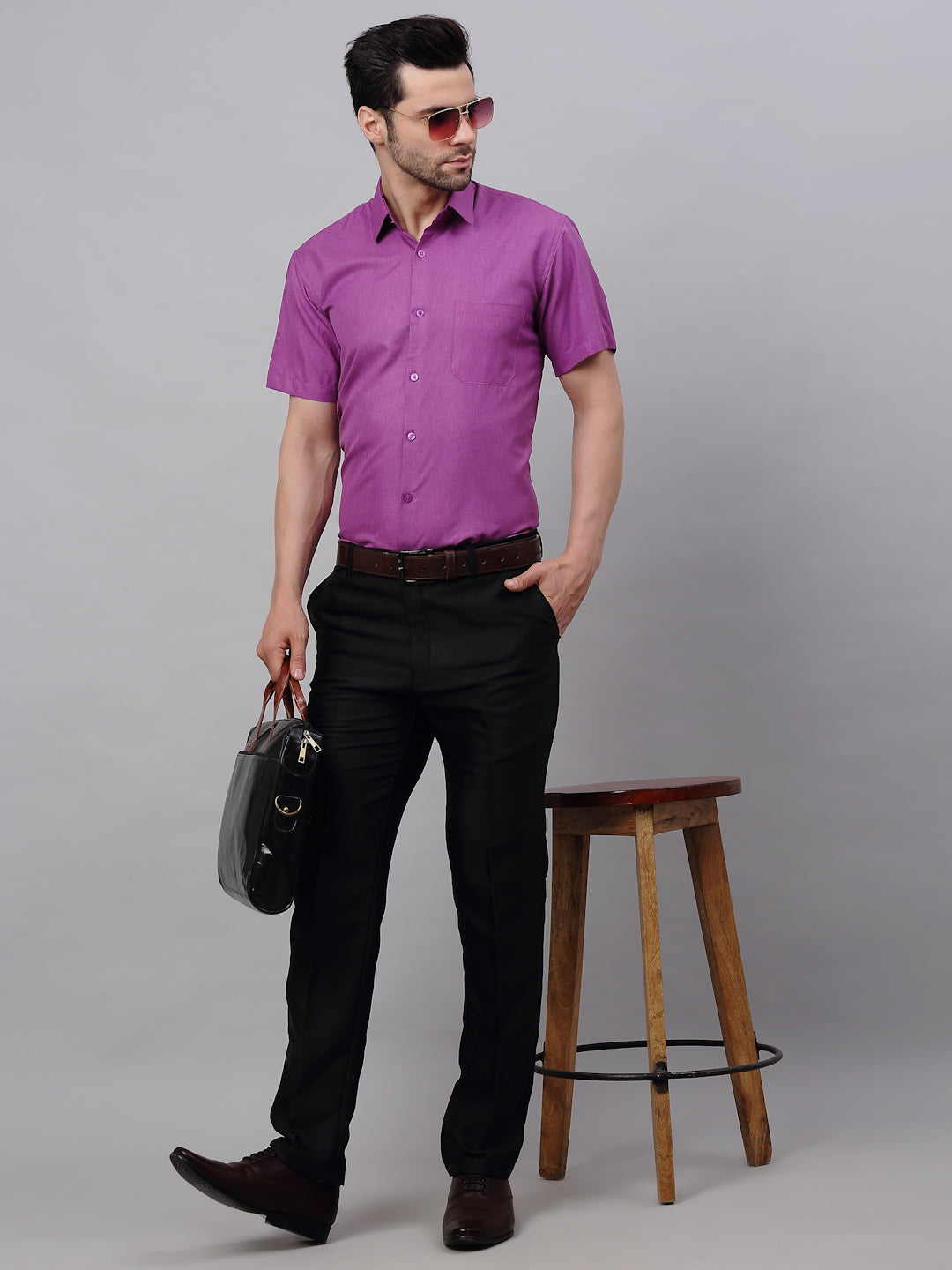 Jainish Men's Cotton Solid Half Sleeves Formal Shirt - Purple | Grocsy