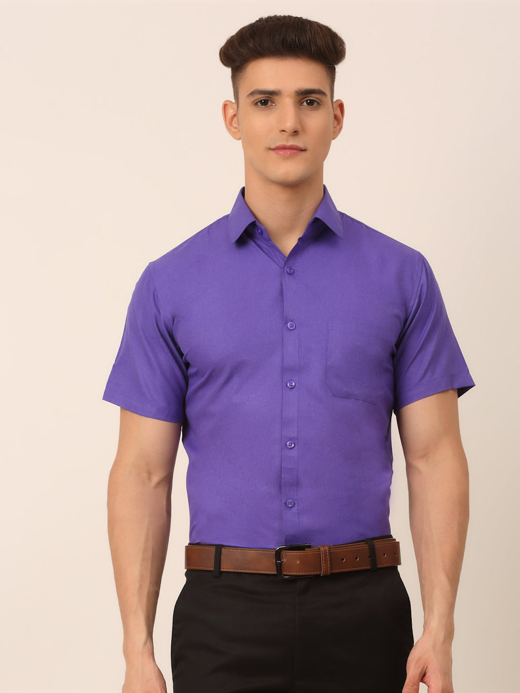Jainish Men's Cotton Solid Half Sleeves Formal Shirt - Voilet | Grocsy