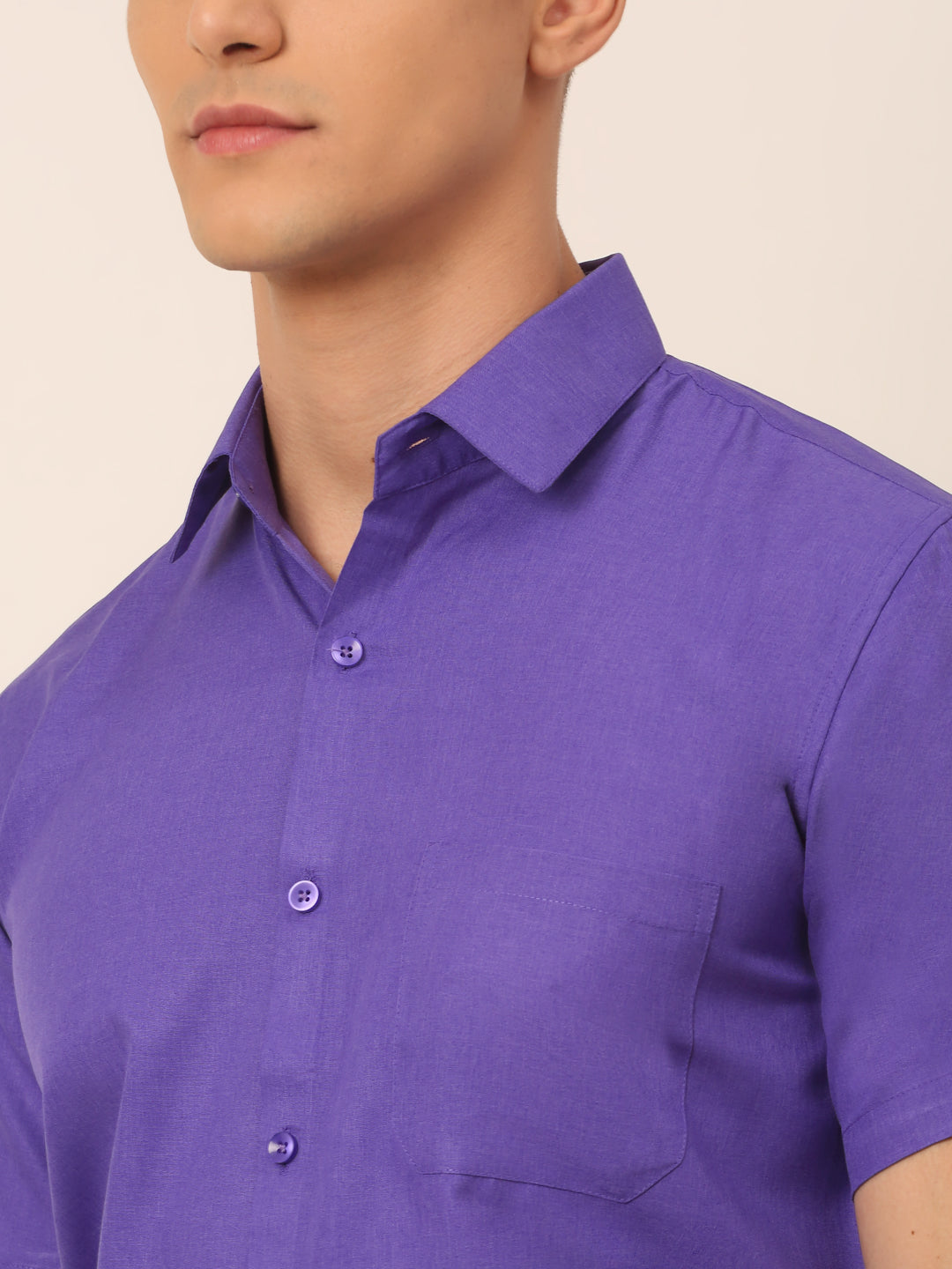 Jainish Men's Cotton Solid Half Sleeves Formal Shirt - Voilet | Grocsy