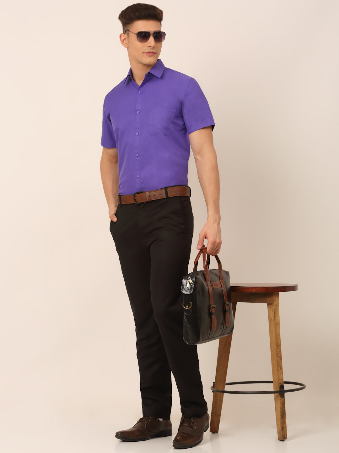 Jainish Men's Cotton Solid Half Sleeves Formal Shirt - Voilet | Grocsy