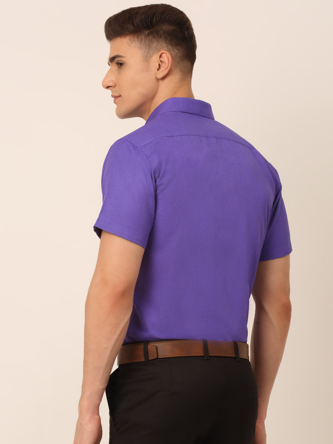 Jainish Men's Cotton Solid Half Sleeves Formal Shirt - Voilet | Grocsy