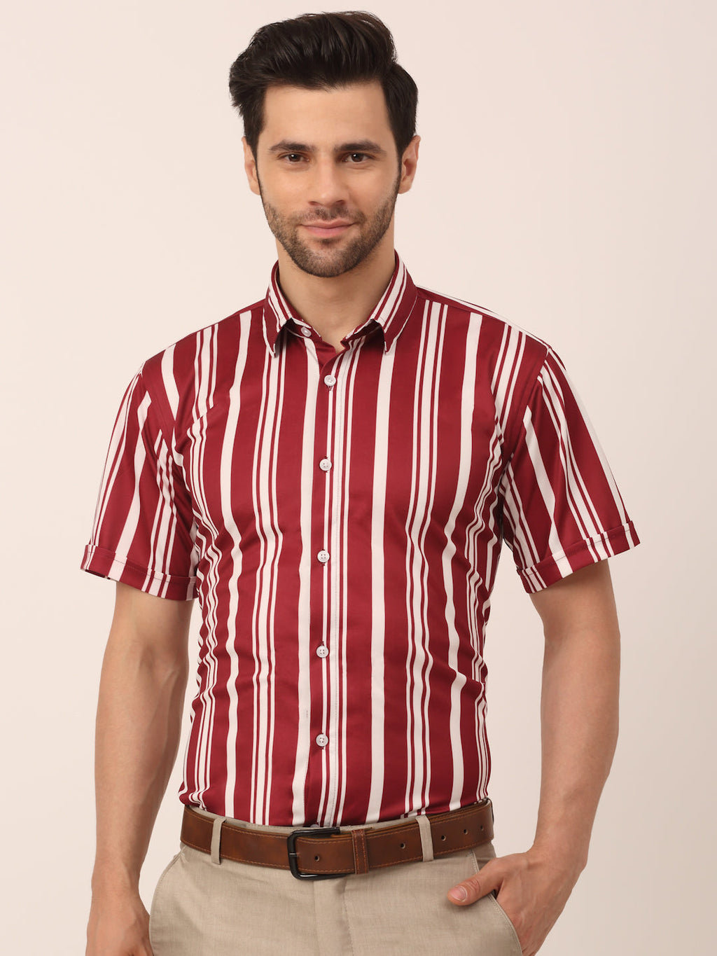 Jainish Men's Lycra Striped Half Sleeve Formal Shirts ( SF 812Maroon ) | Grocsy