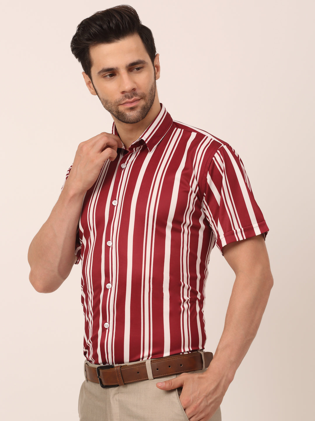 Jainish Men's Lycra Striped Half Sleeve Formal Shirts ( SF 812Maroon ) | Grocsy