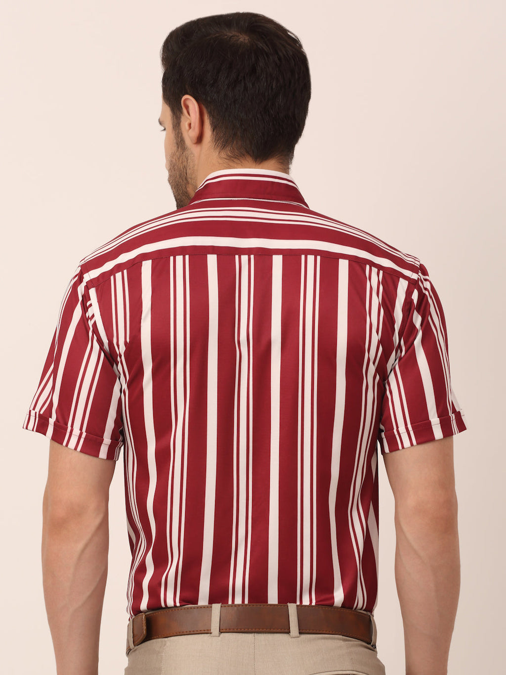 Jainish Men's Lycra Striped Half Sleeve Formal Shirts ( SF 812Maroon ) | Grocsy