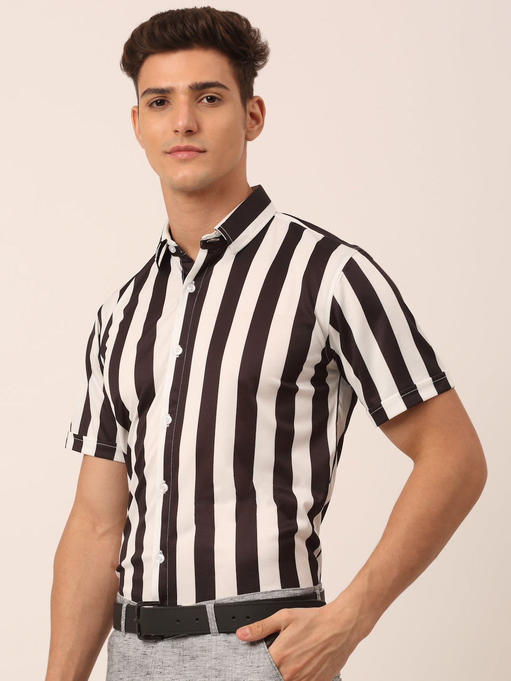 Jainish Men's Lycra Striped Half Sleeve Formal Shirts ( SF 812White ) | Grocsy