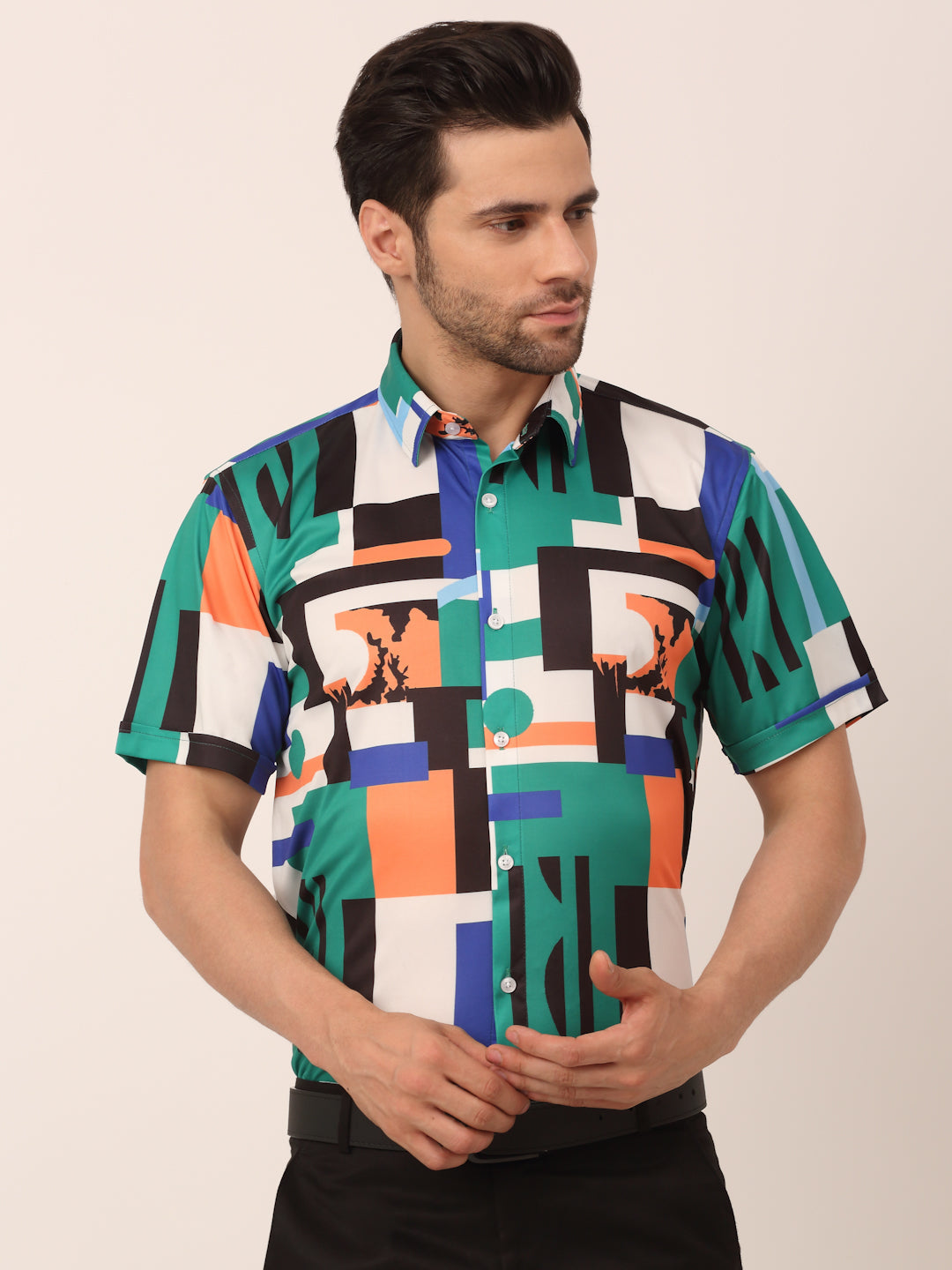 Jainish Men's Lycra Printed Half Sleeve Formal Shirts ( SF 814Green ) | Grocsy