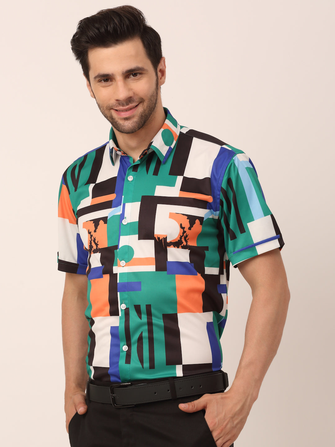 Jainish Men's Lycra Printed Half Sleeve Formal Shirts ( SF 814Green ) | Grocsy