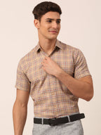 Jainish Men's Cotton Checked Half Sleeve Formal Shirts ( SF 815Brown ) | Grocsy