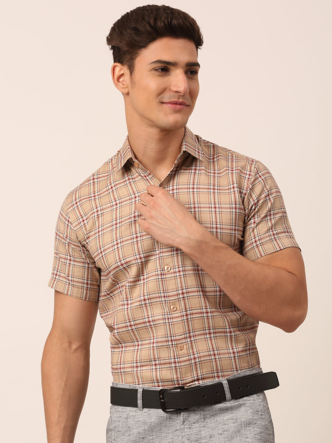 Jainish Men's Cotton Checked Half Sleeve Formal Shirts ( SF 815Brown ) | Grocsy