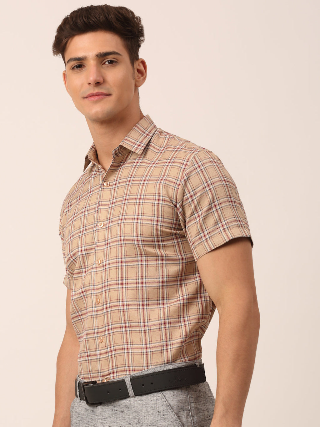Jainish Men's Cotton Checked Half Sleeve Formal Shirts ( SF 815Brown ) | Grocsy