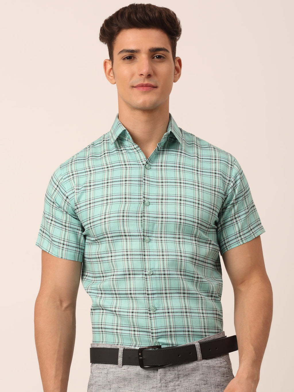 Jainish Men's Cotton Checked Half Sleeve Formal Shirts ( SF 815Green ) | Grocsy