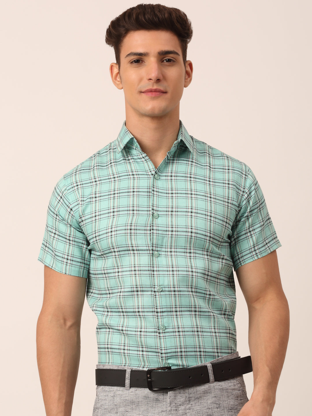 Jainish Men's Cotton Checked Half Sleeve Formal Shirts ( SF 815Green ) | Grocsy