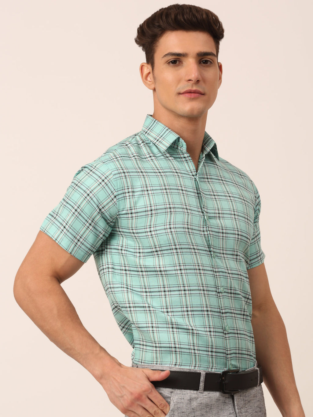 Jainish Men's Cotton Checked Half Sleeve Formal Shirts ( SF 815Green ) | Grocsy