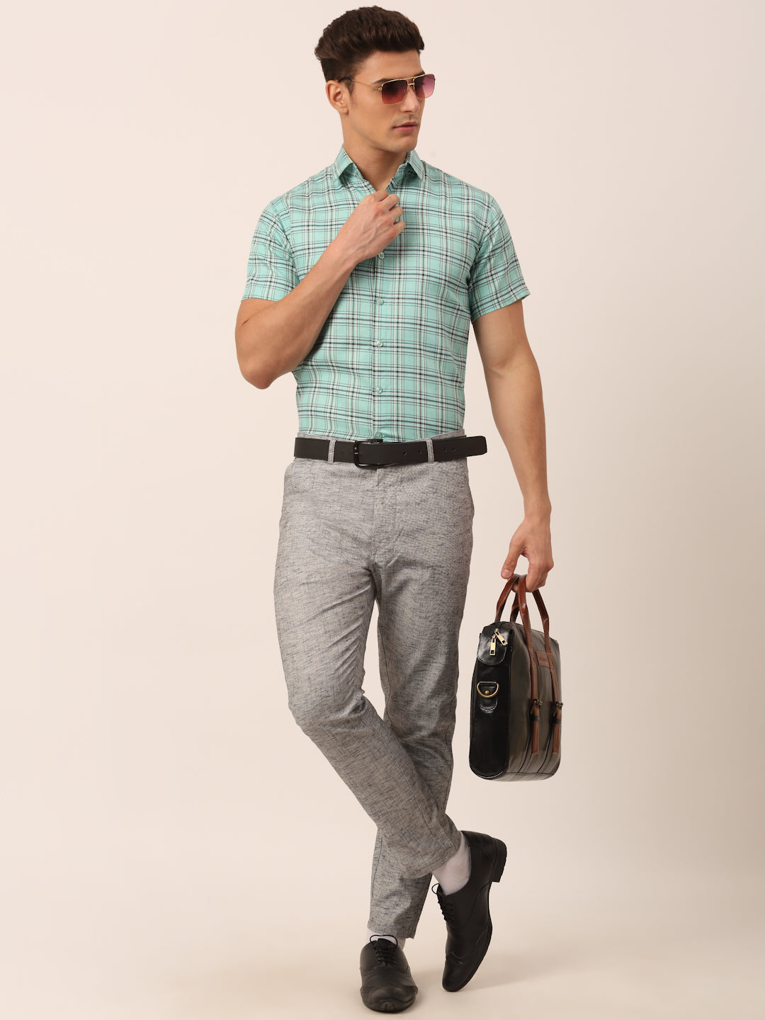 Jainish Men's Cotton Checked Half Sleeve Formal Shirts ( SF 815Green ) | Grocsy