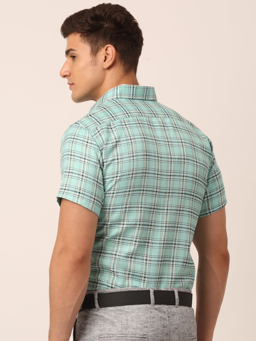 Jainish Men's Cotton Checked Half Sleeve Formal Shirts ( SF 815Green ) | Grocsy