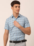 Jainish Men's Cotton Checked Half Sleeves Formal Shirts - Sky Blue | Grocsy