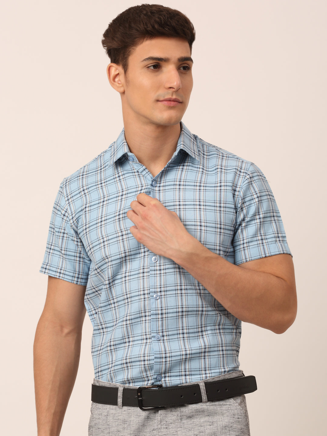 Jainish Men's Cotton Checked Half Sleeves Formal Shirts - Sky Blue | Grocsy