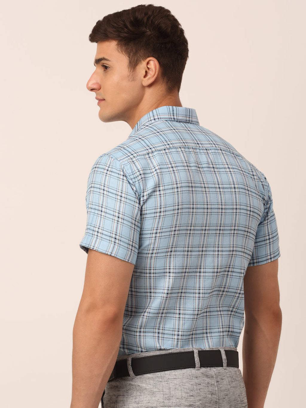 Jainish Men's Cotton Checked Half Sleeves Formal Shirts - Sky Blue | Grocsy
