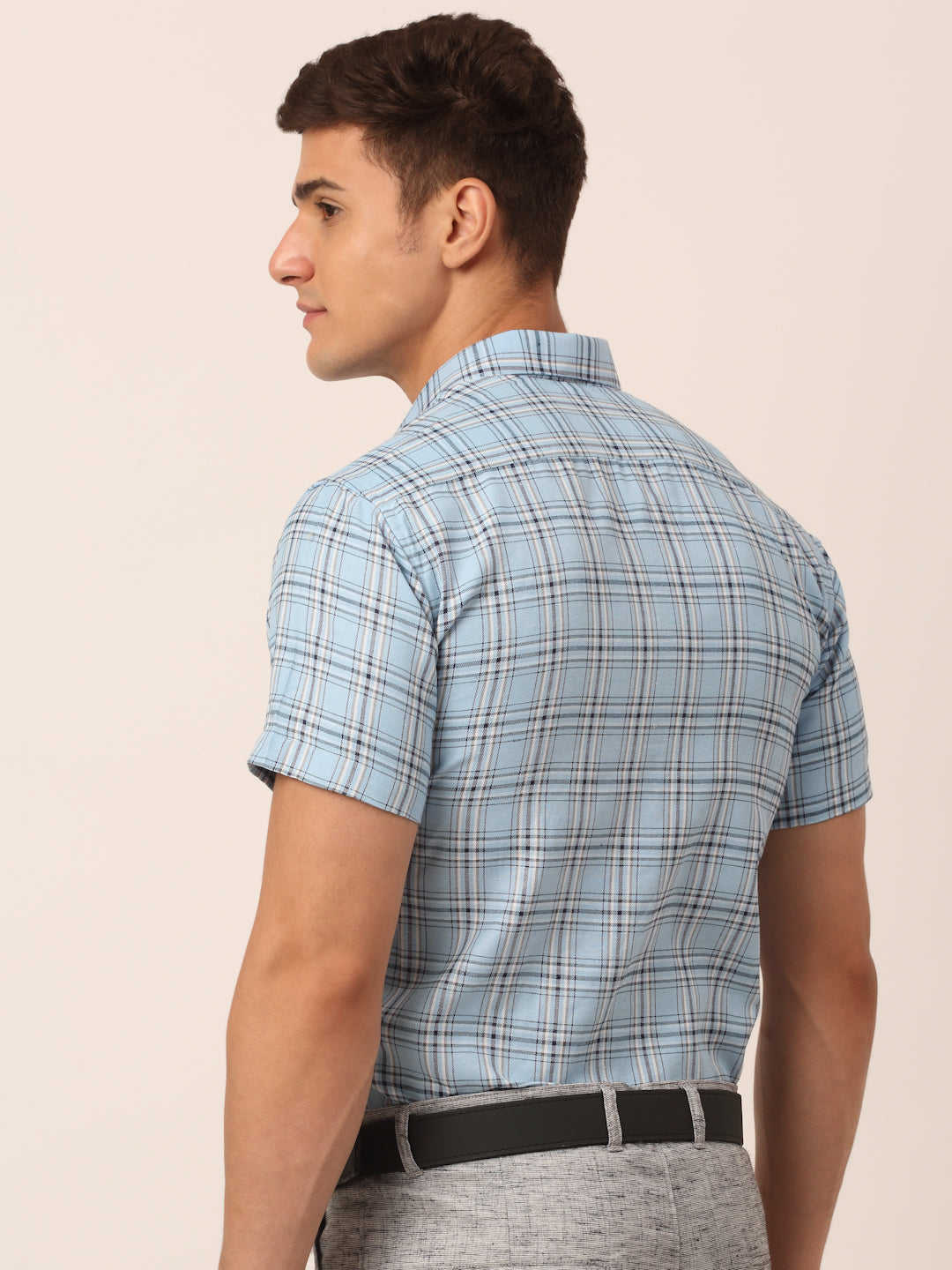 Jainish Men's Cotton Checked Half Sleeves Formal Shirts - Sky Blue | Grocsy