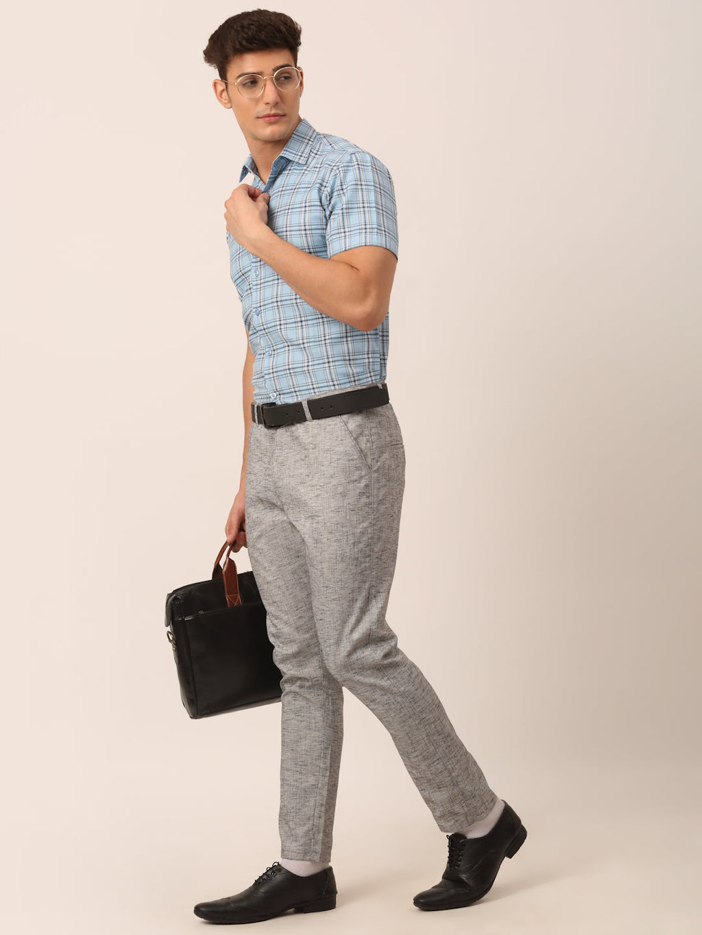 Jainish Men's Cotton Checked Half Sleeves Formal Shirts - Sky Blue | Grocsy